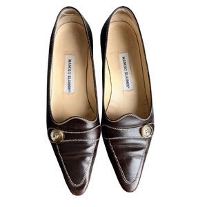 Manolo Blahnik Dark Brown Leather Pointed-Toe Loafers with Button Accent